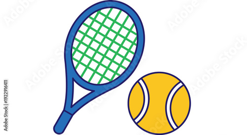 Blue and Green Tennis Racket with Yellow Ball on Isolated White Background