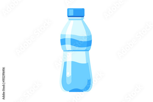 This vector illustration shows a clear plastic bottle filled with water, featuring a blue cap and stylized highlights. The clean design is suitable for health and hydration concepts.