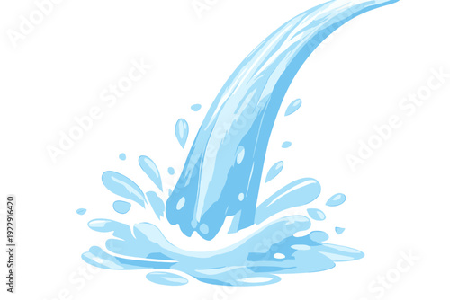 This digital illustration shows a stream of light blue water pouring downwards, creating a dynamic splash with droplets and ripples against a solid black background.