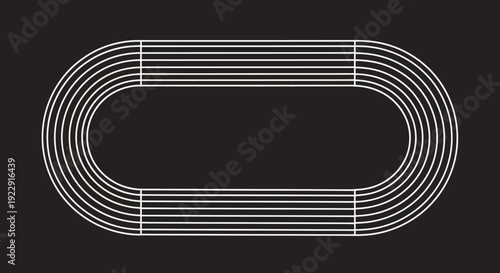 Running track layout outline, top view of athletic field lines on dark background.