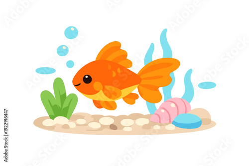 A cute orange goldfish swims in a vibrant underwater scene featuring green plants, a pink shell, and blue seaweed on a sandy seabed with small pebbles and rising bubbles.