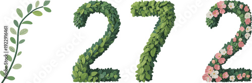 Artistic Rendering of Numbers 27 Composed of Lush Green Leaves and Delicate Pink and White Blossoms