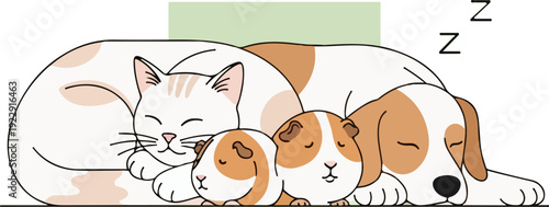 Sleeping Animals - Cat, Dog, Guinea Pigs, Cozy and Peaceful Scene.