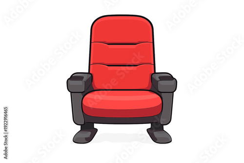 A red cinema seat illustration with dark gray armrests and cup holders, isolated on a black background. The chair features a high backrest with horizontal stitching and a sturdy base.