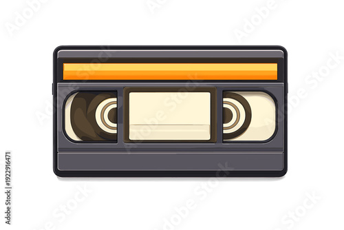 This stylized illustration features a classic VHS video cassette tape with a dark grey plastic shell, an orange label area, and visible internal reels against a black backdrop.