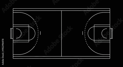 Basketball court layout outline, top view of sports field lines with hoops on dark background.