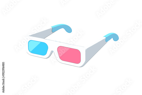 This vector illustration features a pair of classic anaglyph glasses with a white frame, a blue lens, and a pink lens, depicted in a clean isometric style.