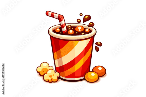 This cartoon illustration features a red and yellow striped cup filled with bubbly dark soda and a straw, surrounded by popcorn and round snacks against a black background.