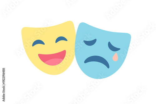 An illustration of two theater masks representing comedy and tragedy. One mask is yellow with a happy expression, while the other is blue with a sad face and a teardrop.