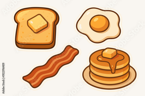 A collection of four breakfast food stickers featuring a slice of toast with butter, a sunny side up fried egg, a strip of bacon, and a stack of pancakes with syrup and butter.