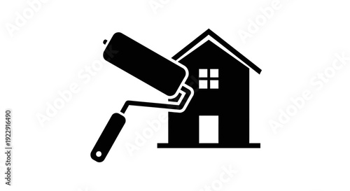 House painting and renovation icon, paint roller next to a house silhouette on isolated white background.