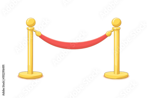 This illustration features a red velvet rope connected to two golden stanchions on a black background. It depicts a classic barrier used for VIP events and exclusive entries.