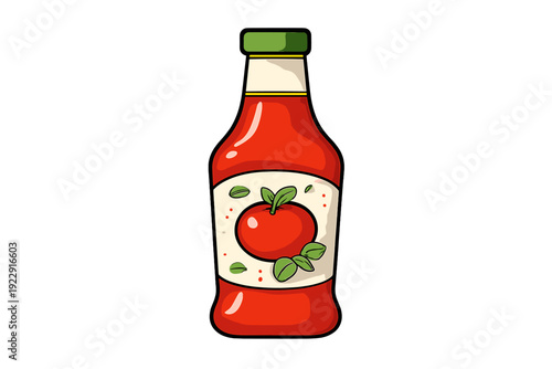 A cartoon illustration of a glass bottle filled with red tomato sauce or ketchup, featuring a green cap and a white label with a tomato graphic on a black background.