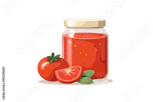 A glass jar filled with red tomato sauce stands next to a whole fresh tomato, a juicy tomato slice, and green basil leaves, all presented as a clean digital illustration.