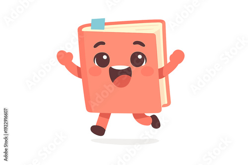 A cute cartoon illustration of a pink book character with a happy face, arms, and legs jumping joyfully against a solid black background. It features a small blue bookmark on top.