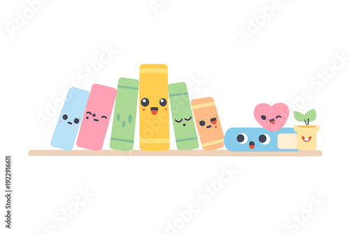 Colorful anthropomorphic books with various facial expressions stand on a shelf next to a pink heart and a small plant. This flat vector illustration uses a pastel color palette.
