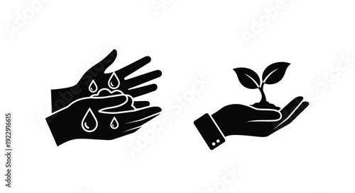 Hands cradling a seedling and offering water symbolizing growth and care