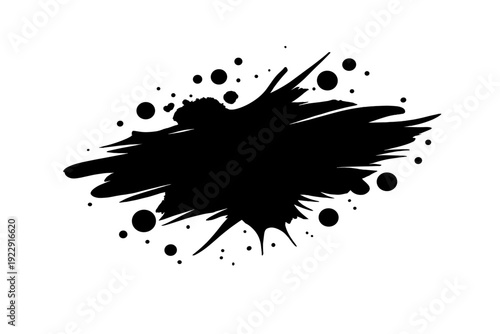 A black graphic illustration of a splash or explosion shape with surrounding circles and bubbles, presented as a silhouette against a dark, textured background.