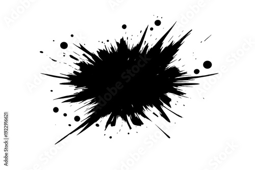 A black ink splatter with sharp jagged edges and circular droplets is centered on a dark background. This abstract graphic element represents a sudden burst or explosion of liquid.