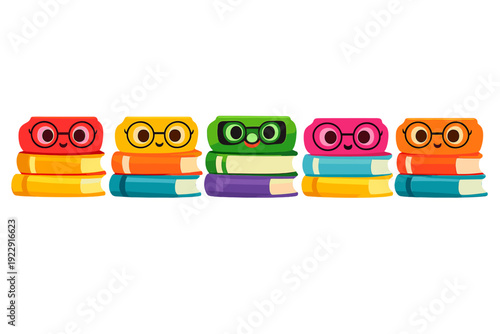 A row of five colorful book stacks features anthropomorphic top books with smiling faces and glasses. The illustration is set against a solid black background for a clean look.