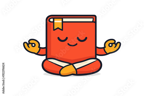 A cartoon red book character with a yellow bookmark is meditating in a cross-legged lotus position with its eyes closed and a peaceful smile on a solid black background.