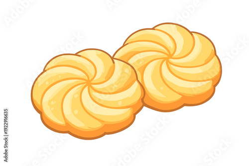 An illustration of two round butter biscuits with a spiral swirl design on a black background. The cookies have a golden yellow hue and a scalloped circular shape with soft shading.