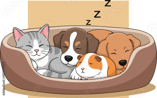 Sleeping Pets - Cat, Dogs, and Guinea Pig Snuggling Together.