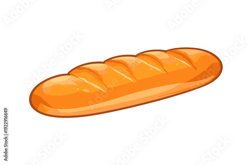 A stylized cartoon illustration of a golden brown loaf of French bread or baguette with diagonal scores and glossy highlights, isolated on a black background.