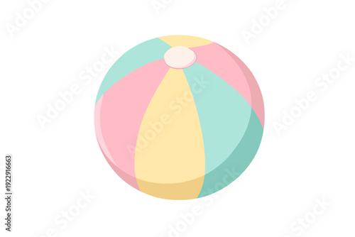 A colorful beach ball illustration featuring pastel pink, yellow, and mint green segments. The inflatable toy is shown against a solid black background with a white circular cap on top.