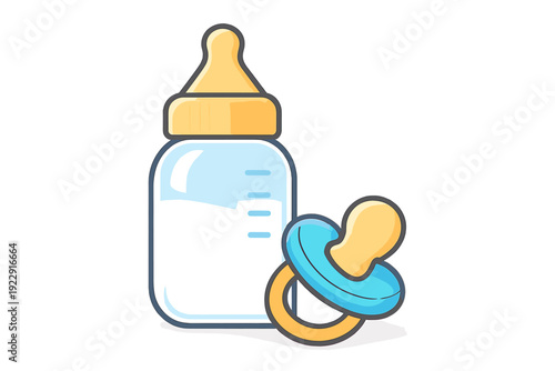 A cartoon illustration of a baby feeding bottle filled with white milk next to a blue and yellow pacifier. The bottle features measurement markings and a yellow nipple on top.