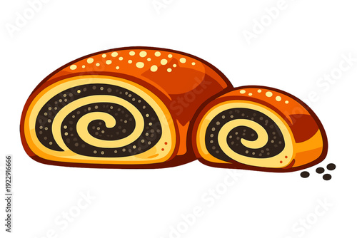 An illustration of two slices of a poppy seed roll with a golden-brown crust and a dark spiral filling, set against a black background. The pastry is topped with small white seeds.