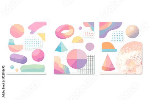 Three vertical compositions showcasing a variety of abstract 3D geometric forms with soft pastel gradients. The elements include spheres, pyramids, and capsules on a black background.