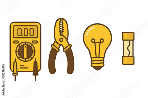 A set of four flat vector icons representing electrical tools and components, including a digital multimeter, wire strippers, a light bulb, and a fuse on a black background.