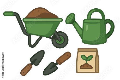 This vector illustration features essential gardening tools such as a green wheelbarrow filled with dirt, a watering can, two trowels, and a bag of plant seeds or fertilizer.