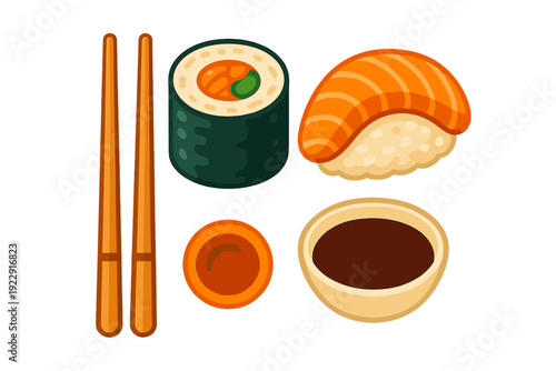 This flat vector illustration depicts a sushi set featuring a salmon nigiri, a maki roll, wooden chopsticks, and a bowl of soy sauce against a dark background.