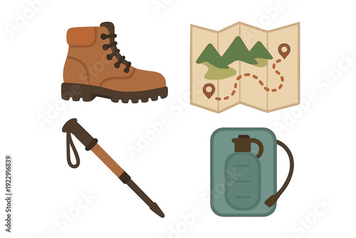 A collection of four hiking equipment stickers featuring a brown leather boot, a folded topographical map, a trekking pole, and a hydration water bladder on a black background.