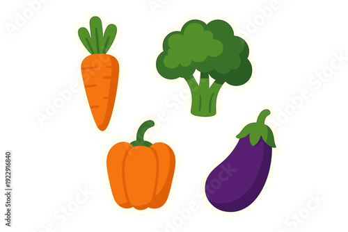 A collection of four vegetable stickers including a carrot, broccoli, an orange bell pepper, and a purple eggplant, presented in a flat vector style with white borders on a black background.