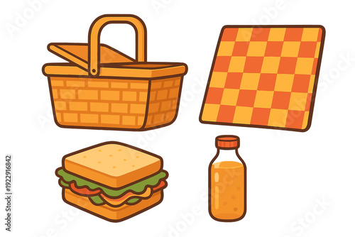 A cartoon illustration of a picnic set featuring a woven basket, a checkered orange blanket, a layered sandwich with lettuce and tomato, and a bottle of orange juice on a black background.