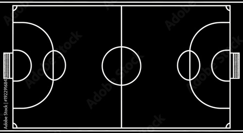 White Outline of Futsal or Indoor Soccer Court on Black Background, Top View