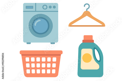 A flat vector illustration featuring essential laundry items including a light blue washing machine, an orange clothes hanger, a laundry basket, and a bottle of detergent on a black background.