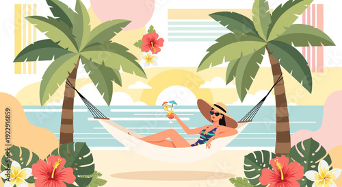 Woman Relaxing in Hammock on Tropical Beach with Palm Trees and Cocktail
