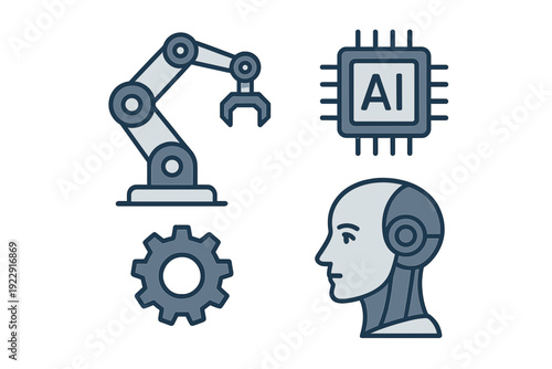 This illustration features four icons representing modern technology: a robotic arm, an AI microchip, a mechanical gear, and a humanoid robot head profile on a dark background.