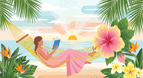 Woman Relaxing in Hammock Reading Book on Tropical Beach at Sunrise