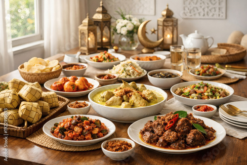 Ramadan Iftar Dinner with Rendang, Ketupat, Lontong and Traditional Indonesian Cuisine on Festive Table