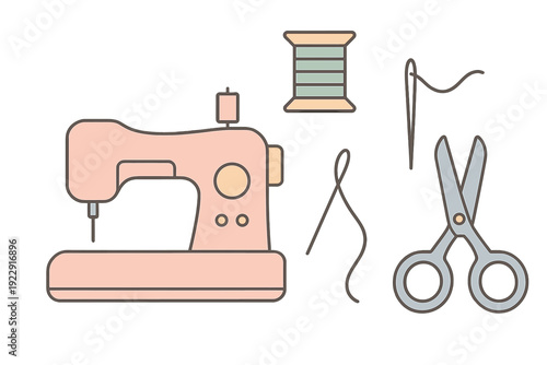This flat design illustration features essential sewing tools like a pink sewing machine, a spool of thread, scissors, and a needle with thread against a dark background.