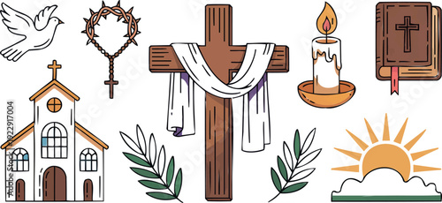 Easter sunday celebration vector elements with christian symbols including cross and church in colorful design