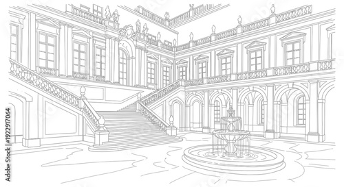 Black and white architectural sketch of an old city building and house in a European street scene