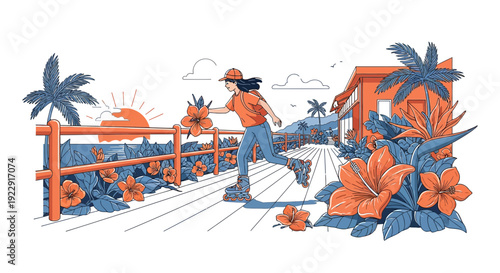 Woman Rollerblading with Flowers at Sunset on Tropical Boardwalk