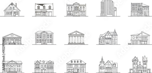 Collection of fifteen distinct black and white line art icons representing various architectural styles of houses commercial buildings and government structures