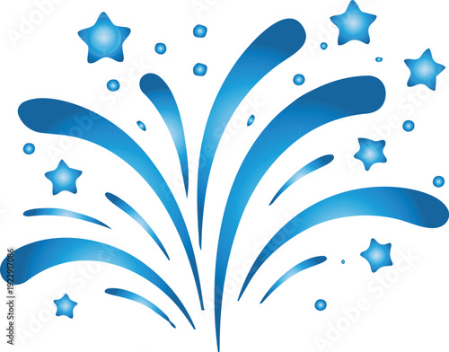 A smooth blue gradient firework burst with glowing star accents radiates against a black background in a clean decorative illustration style.